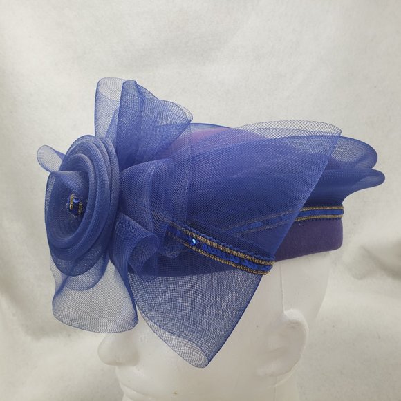 Vintage 80s Church Hat Oversize Bow Wool Felt Formal Tulle Blue Gold Sequins USA - Picture 6 of 14